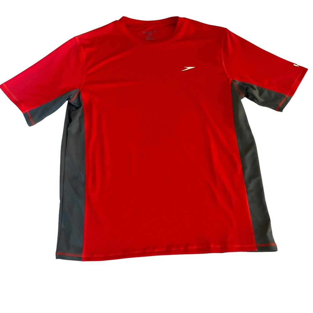 Speedo Swim Shirt Mens XXL Red Grey Block the Burn UV Protection Rash Guard